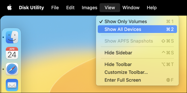 macOS ディスクユーティリティメニューの「すべてのデバイスを表示」