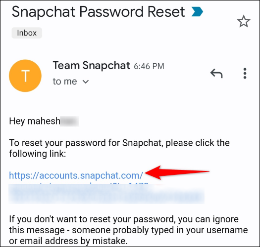 打開 Snapchat 密碼重置鏈接。