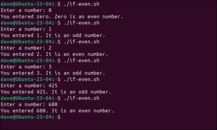 さまざまな入力を使用して if-even.sh スクリプトを実行する