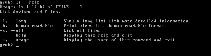 Menggunakan opsi --help dengan versi shell GRUB dari ls