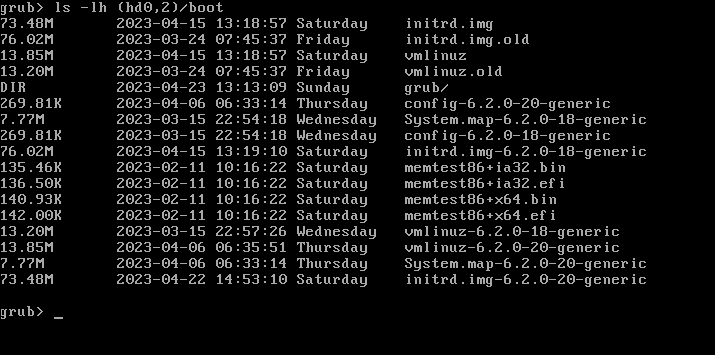 Mencantumkan file di direktori /boot menggunakan ls versi GURB