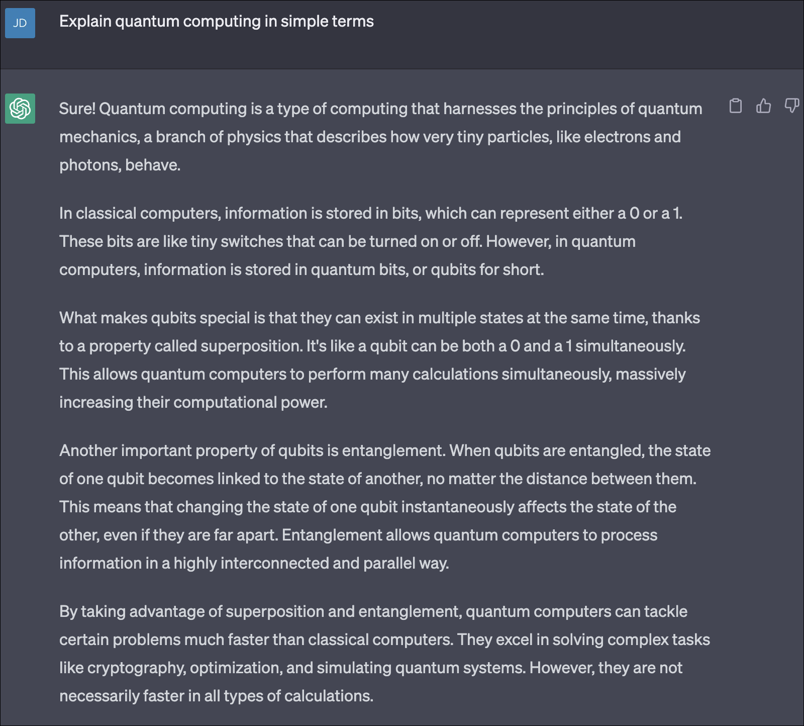 Obrolan GPT menjawab pertanyaan "Bisakah Anda menjelaskan komputasi kuantum secara sederhana?"