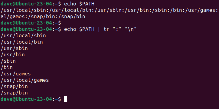 tr を使用して、$PATH 環境変数を 1 行に 1 つずつ個別のディレクトリ パスに分割します。