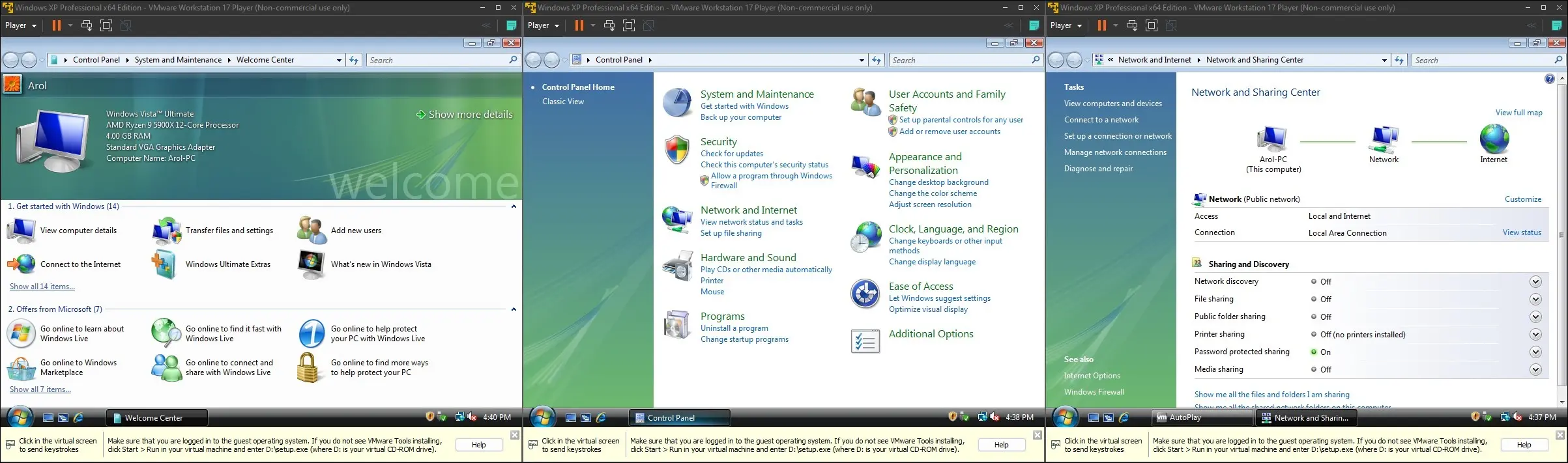 Tiga gambar Windows Vista, menampilkan Control Panel dan Network & Sharing Center.