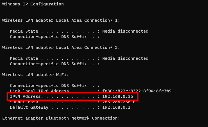 在命令提示符中查找 Wi-Fi IPv4 地址