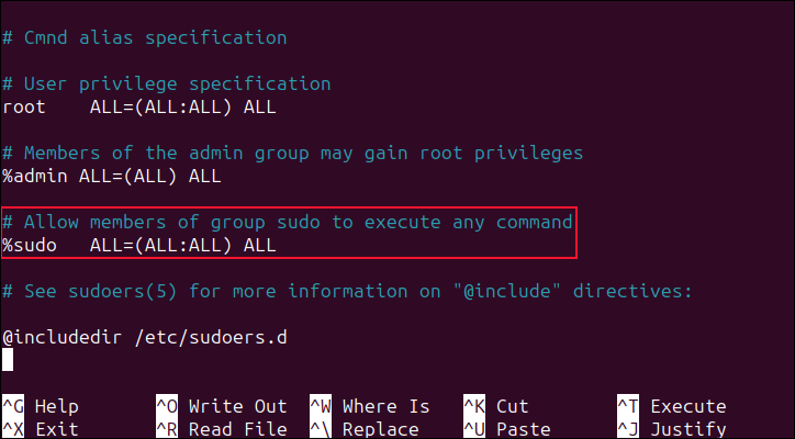 Cercando nel file sudoers il nome del gruppo sudo, usando sudo visudo su Ubuntu