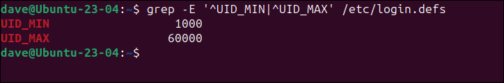 Ricerca nel file login.defs per i limiti di ID utente superiore e inferiore, su Ubuntu