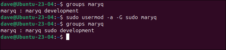 Aggiunta dell'utente maryq al gruppo sudo, con usermod su Ubuntu