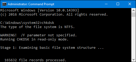 chkdsk を使用すると、修復を試行せずに単に問題を探すことができます。