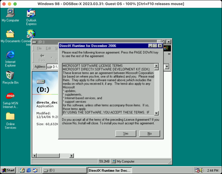 Windows 98 SE'de çalışan DirectX 9.0c yükleyici