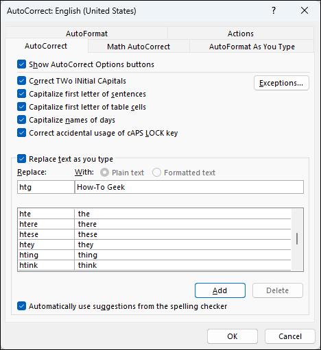 Impostazioni di correzione automatica in Microsoft Word.