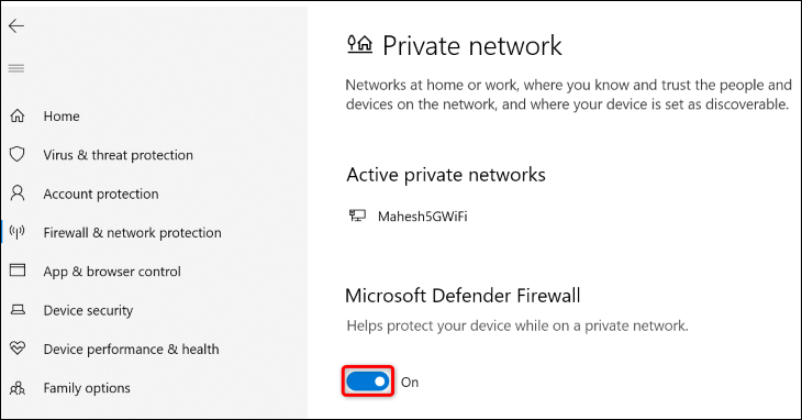 Отключите «Брандмауэр Microsoft Defender».