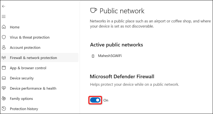 Disattiva "Microsoft Defender Firewall".