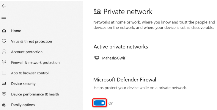 Disattiva "Microsoft Defender Firewall".