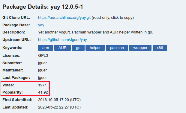 yay パッケージの AUR パッケージの詳細 (投票数と人気の数字が強調表示されている)