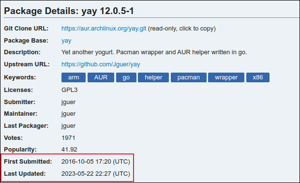 yay パッケージの AUR パッケージの詳細。最初に送信された日付と最終更新された日付が強調表示されています。