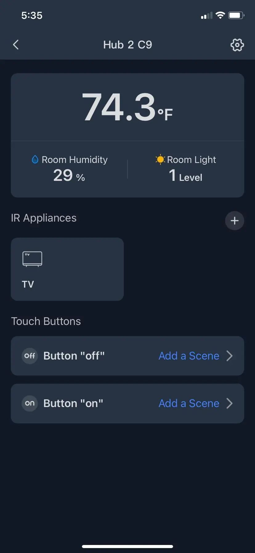 Interface do hub 2 mostrando reeding de temperatura