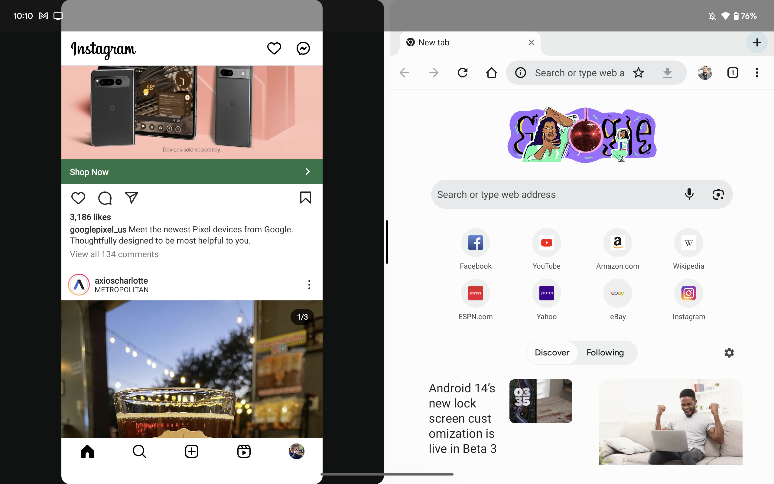 Aplicația Chrome și Instagram rulează pe tableta Google Pixel