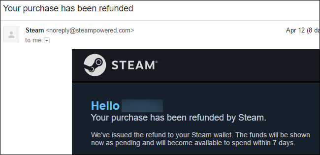 Une confirmation de remboursement de Steam.