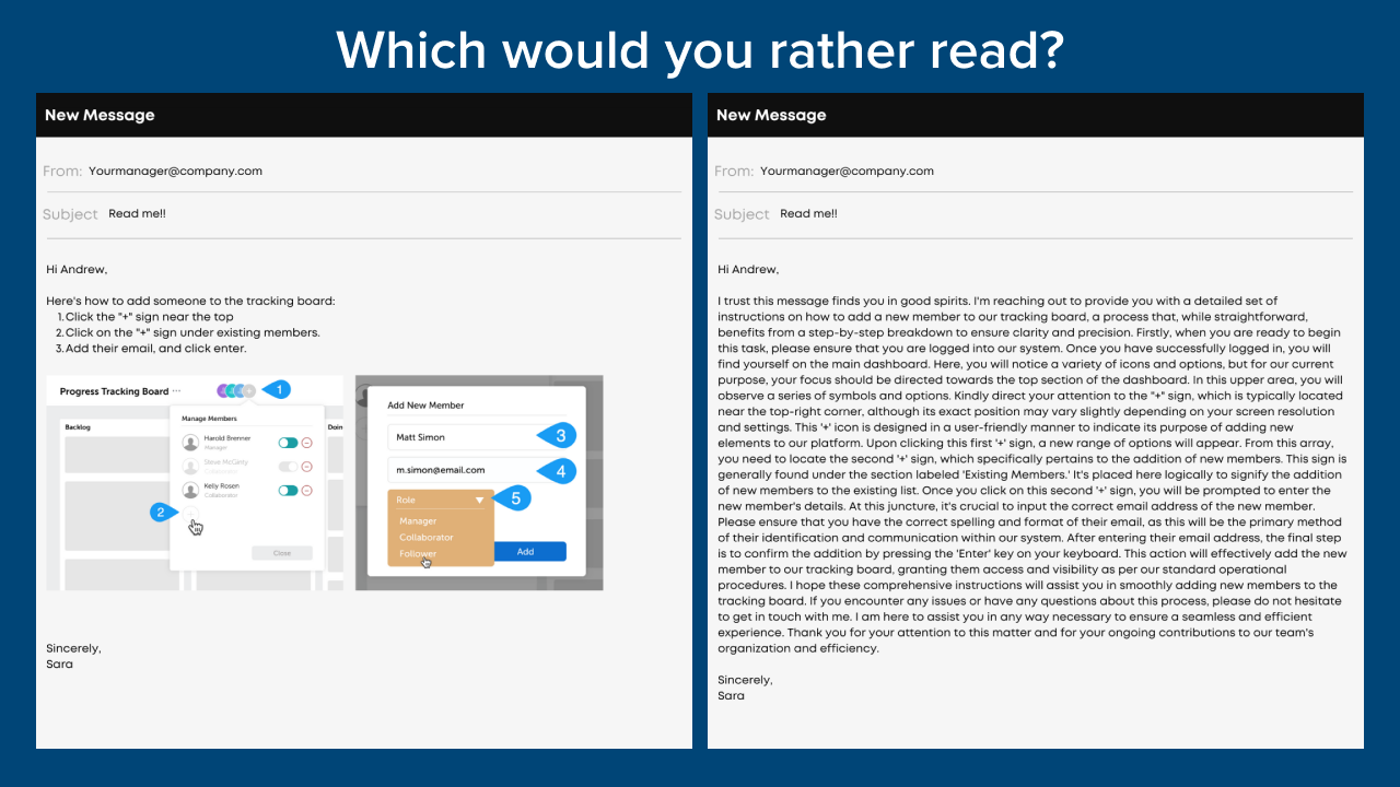 Exemplos de dois e-mails, um com muito texto e outro com recursos visuais para auxiliar na compreensão.