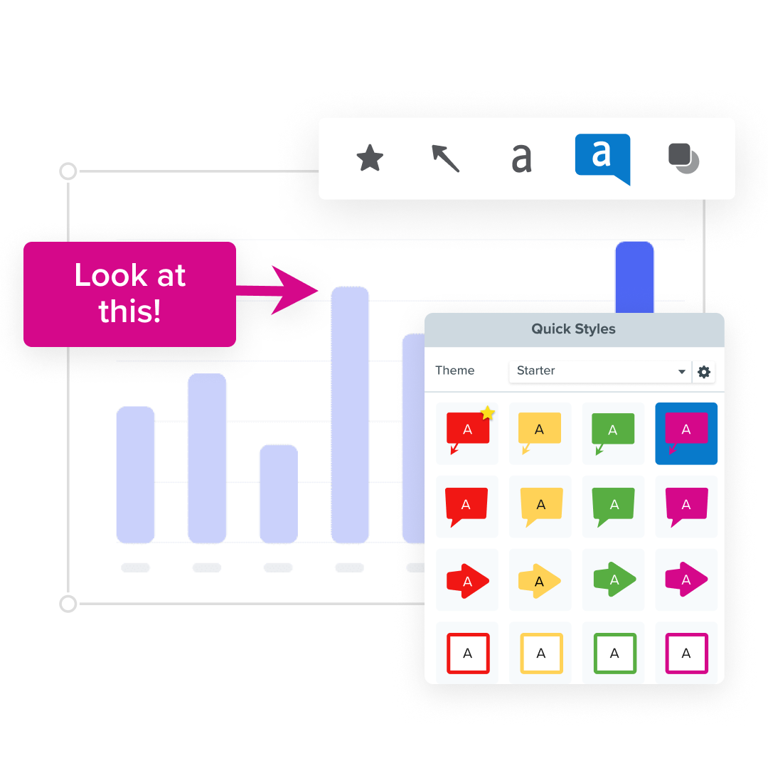 Image d'une interface informatique montrant une boîte de dialogue avec une bulle rose disant "Regardez ça !" pointant vers un graphique à barres, illustrant l’utilisation d’annotations dans un logiciel d’enregistrement d’écran.