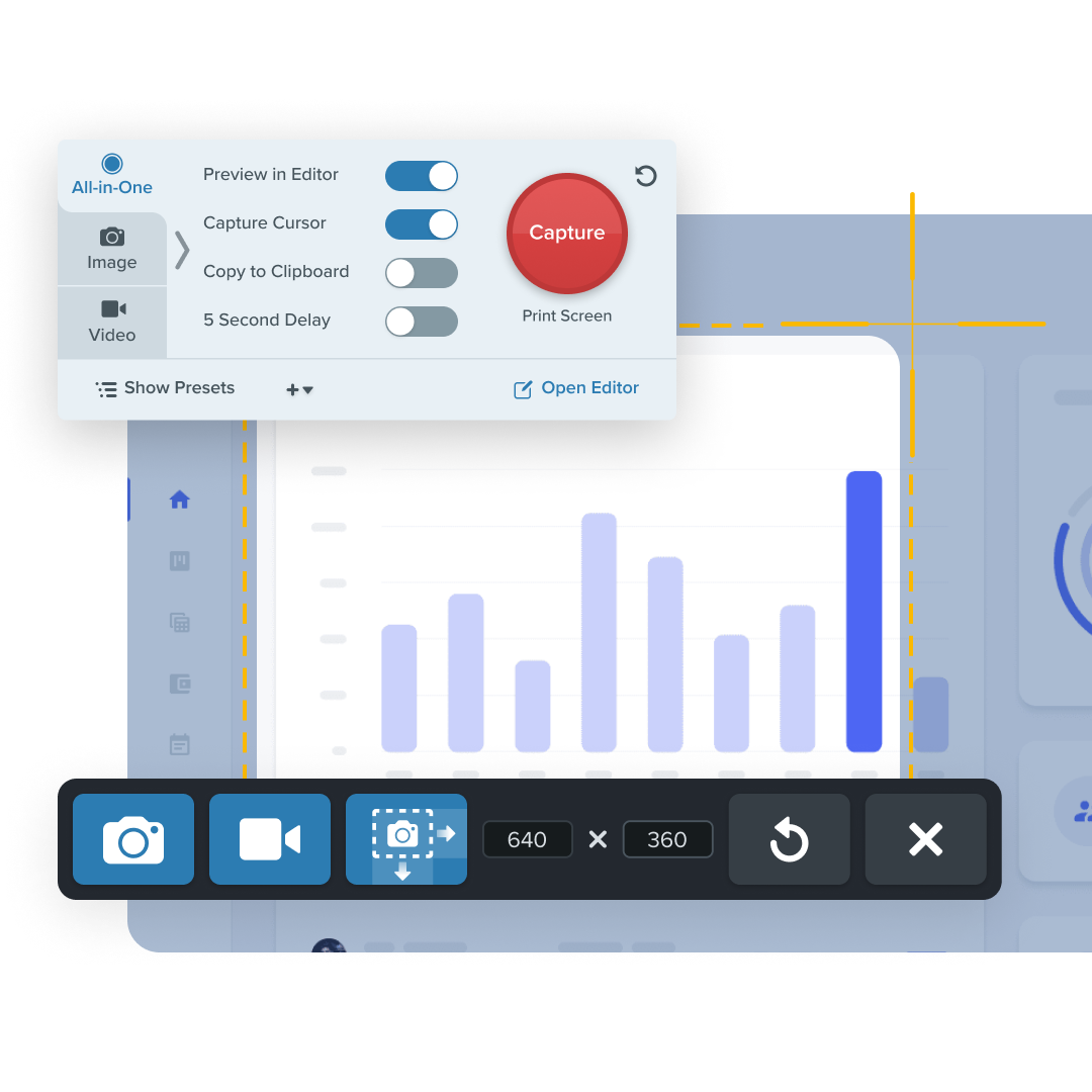 Una captura de pantalla del software de grabación de pantalla con varios controles y una pestaña "Todo en Uno" seleccionada, que muestra opciones para captura de imagen o video, incluido un botón rojo "Capturar" y configuraciones para retrasos y captura del cursor.