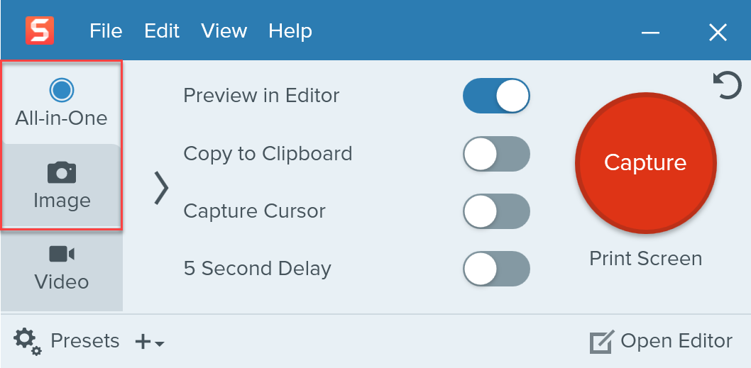 La interfaz de usuario de Snagit con diferentes opciones de captura de pantalla