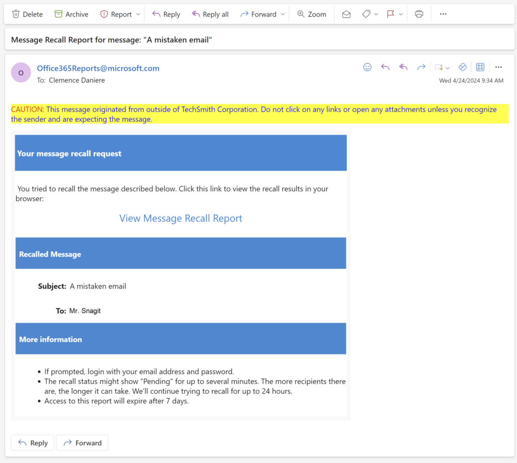 取り消しの成功または失敗を報告する Microsoft Outlook 取り消しレポート メッセージ。