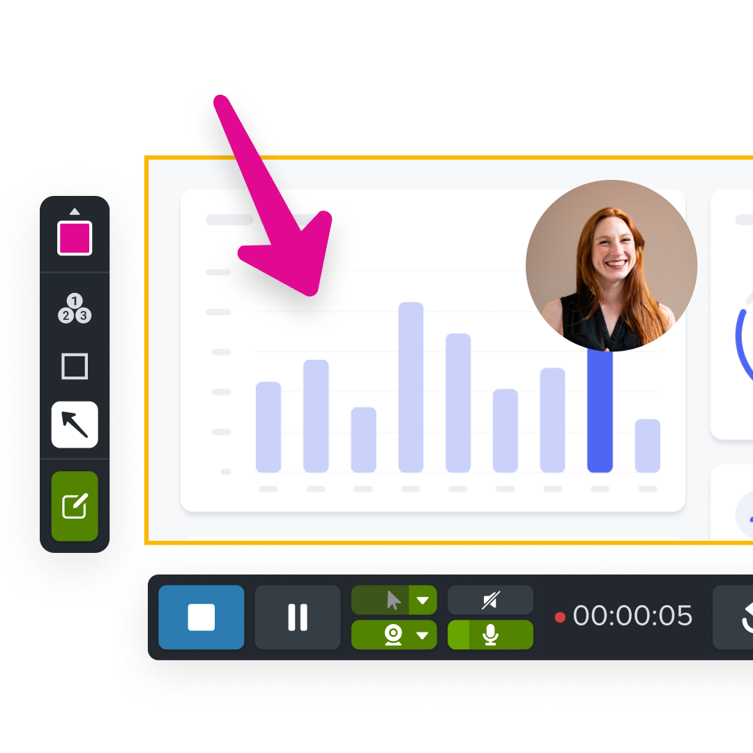 特徴またはデータ ポイントを示す、画面上の棒グラフを指す目立つピンクの矢印を備えたソフトウェア インターフェイスを特徴とするスクリーンショット。笑顔の人を映すビデオ通話ウィンドウも表示され、画面録画またはチュートリアルのシナリオを示唆しています。