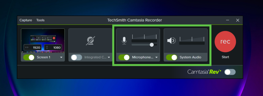 Antarmuka perekam Camtasia dengan mikrofon dan audio sistem diaktifkan.