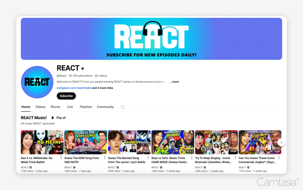 React チャンネルの YouTube ページのスクリーンショット。