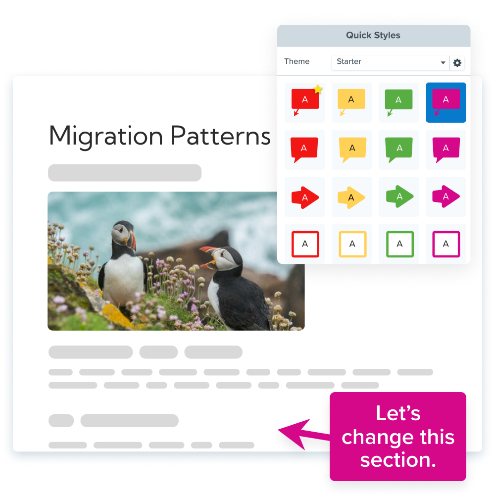 Capture d'écran d'un document sur les modèles de migration des macareux avec une section permettant de modifier les styles en surbrillance.