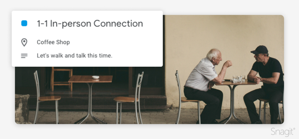 Exemple d'invitation à une réunion en personne et deux personnes discutant autour d'un café