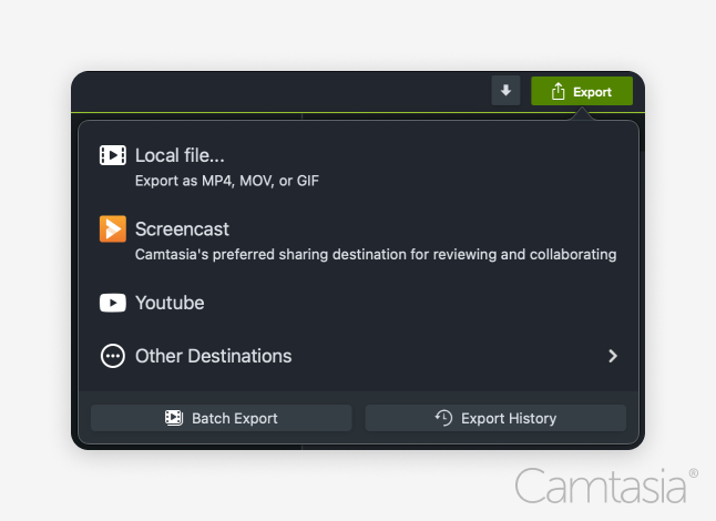 Destinations d'exportation de Camtasia