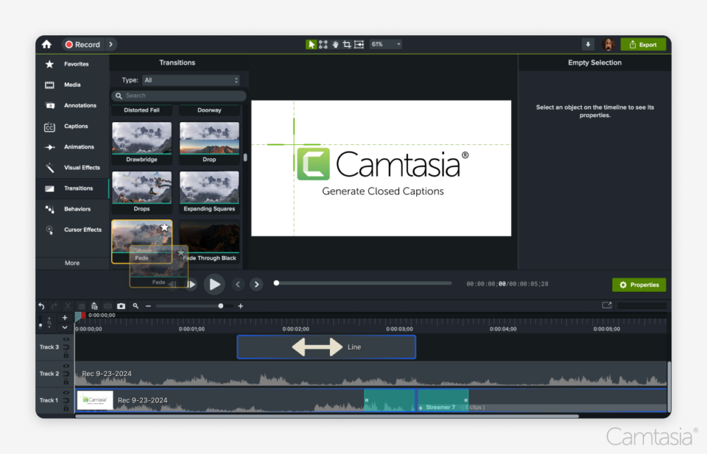 Adăugați tranziții între clipurile video în Camtasia