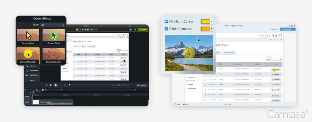 在Camtasia中加入遊標效果；在 Snagit 中啟用點擊動畫和遊標突出顯示。