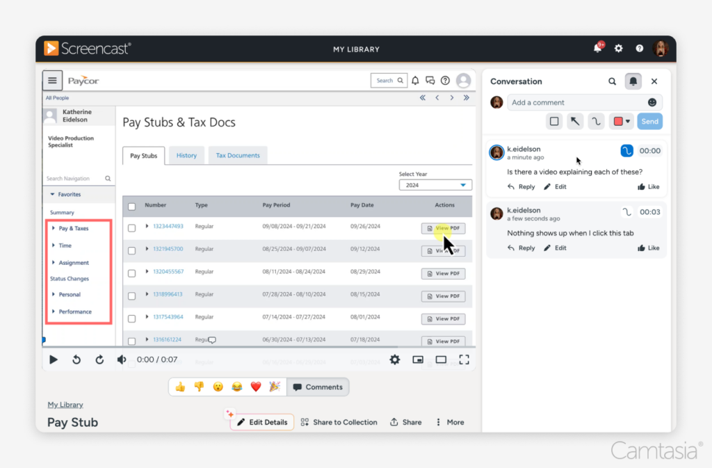 ภาพหน้าจอบน Screencast พร้อมความคิดเห็นและเอฟเฟกต์เคอร์เซอร์ที่ไฮไลต์