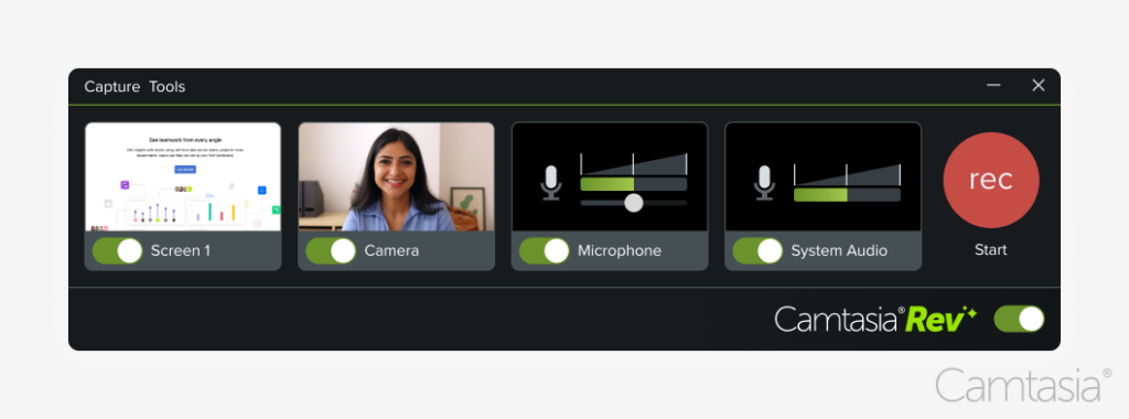 Interfaccia utente di pre-registrazione di Camtasia con schermo, microfono, fotocamera e audio di sistema abilitati.