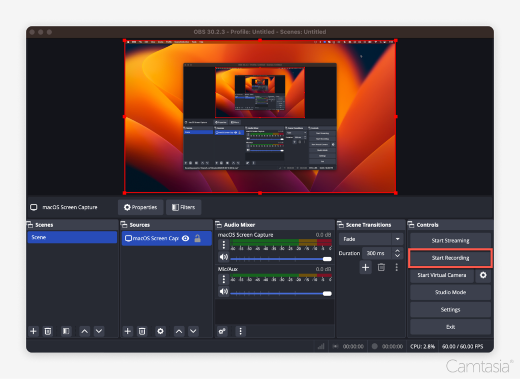 Tombol mulai merekam disorot di studio OBS.