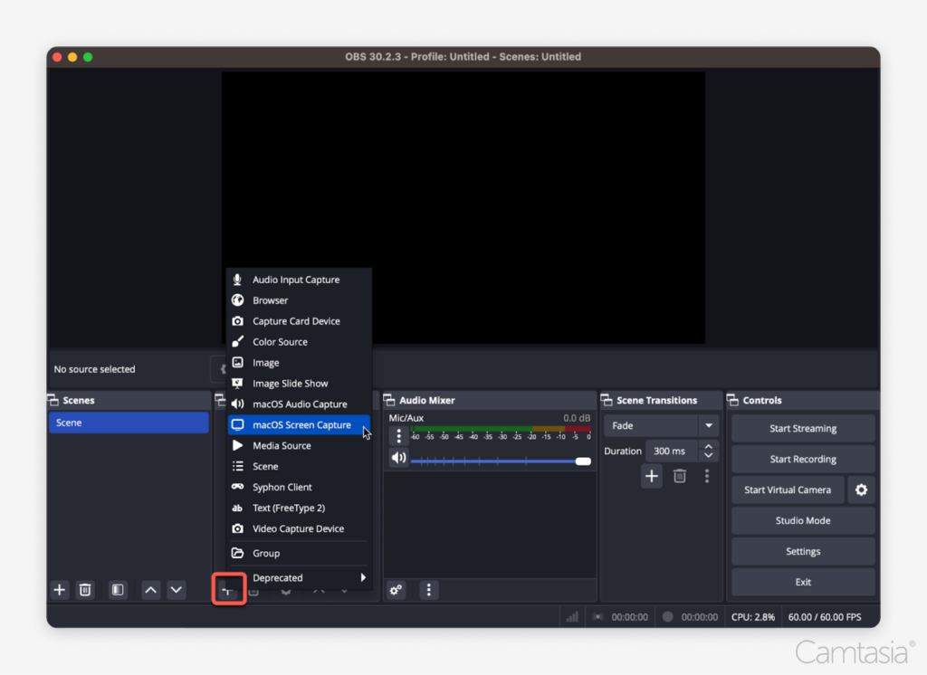 การวางเมาส์เหนือตัวเลือกการจับภาพหน้าจอ macOS ใน OBS Studio