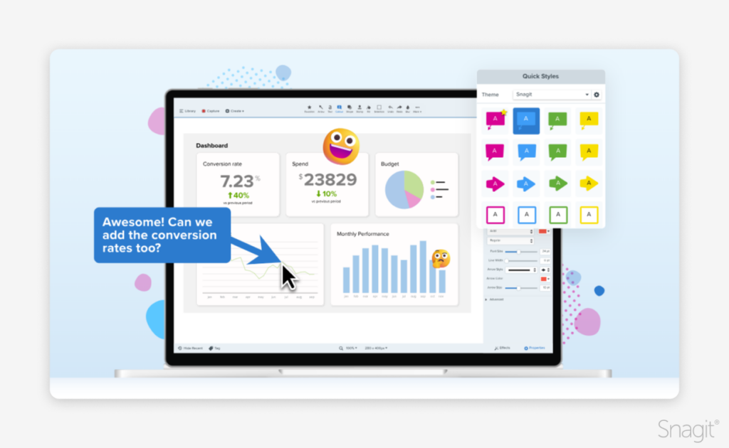 Ekran laptopa z dashboardem Snagit pokazującym współczynniki konwersji i wykresy, a także panel Quick Styles.