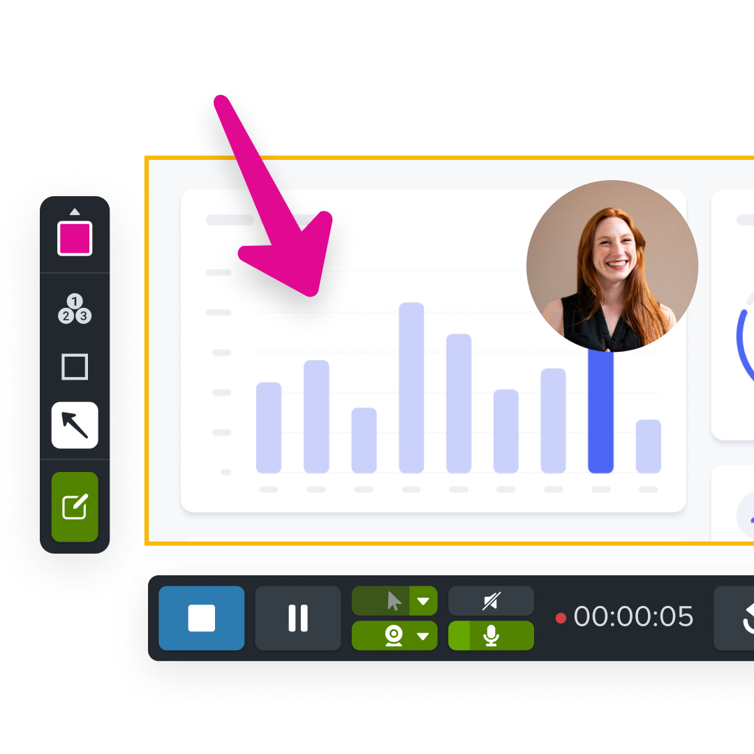 Zrzut ekranu przedstawiający interfejs oprogramowania z widoczną różową strzałką wskazującą wykres słupkowy na ekranie, wskazujący funkcję lub punkt danych. Widoczne jest także okno rozmowy wideo przedstawiające uśmiechniętą osobę, sugerujące nagranie ekranu lub scenariusz samouczka.