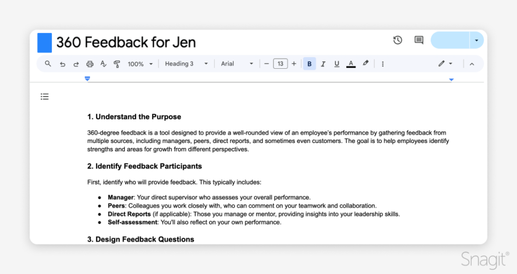 Un document intitulé « 360 Feedback for Jen » discutant de l'objectif et des participants impliqués dans un processus de rétroaction à 360 degrés.  