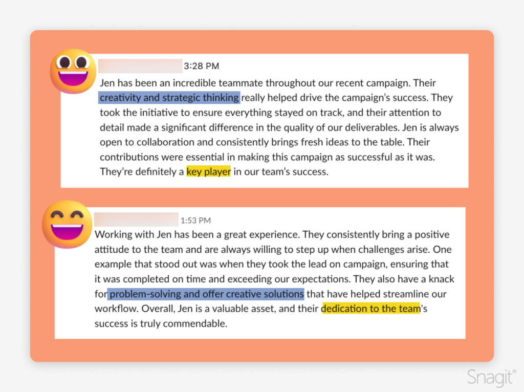 Zwei Nachrichten, in denen Jen für ihre Beiträge zu einer Kampagne gelobt wird und Kreativität, strategisches Denken, Problemlösung und Engagement im Vordergrund stehen. Zur Hervorhebung sind mehrere Phrasen blau und gelb hervorgehoben.