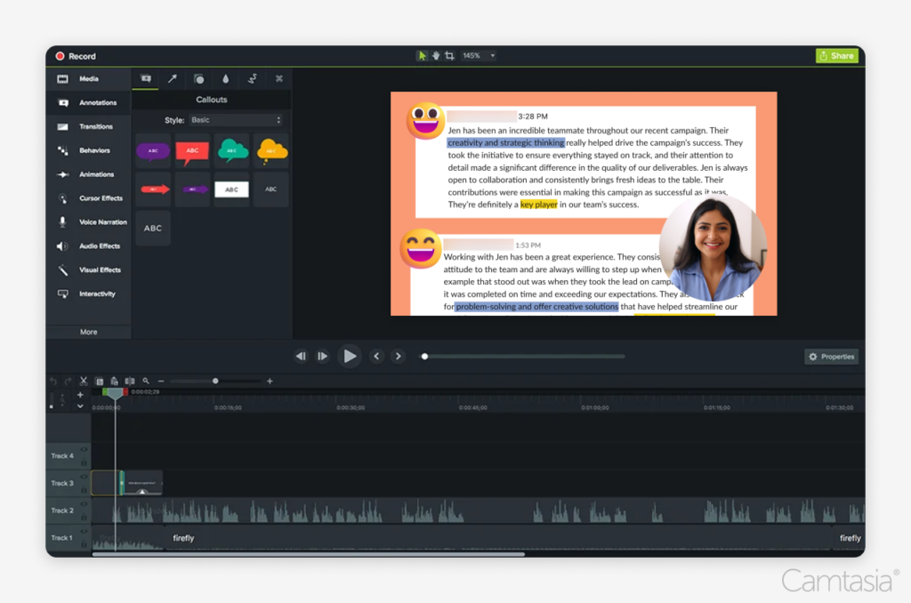 Capture d'écran de l'interface Camtasia avec des outils d'édition, un aperçu vidéo avec des annotations textuelles sur une coéquipière nommée Jen et une chronologie en bas.