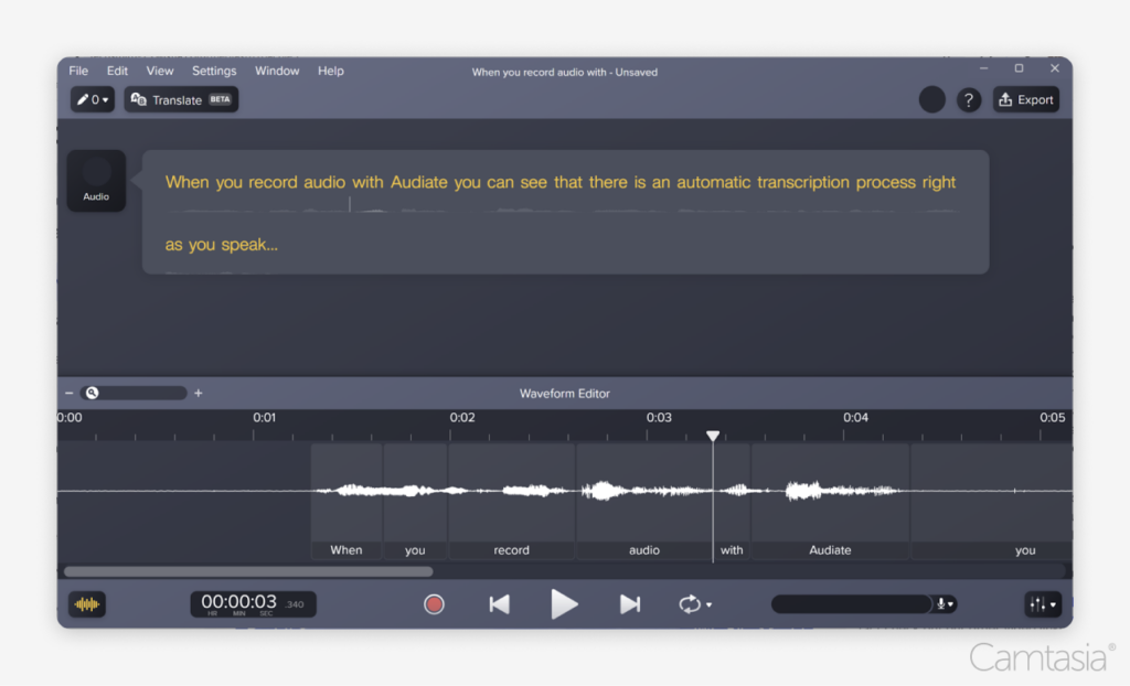 Capture d'écran d'une transcription vidéo dans Camtasia Audiate