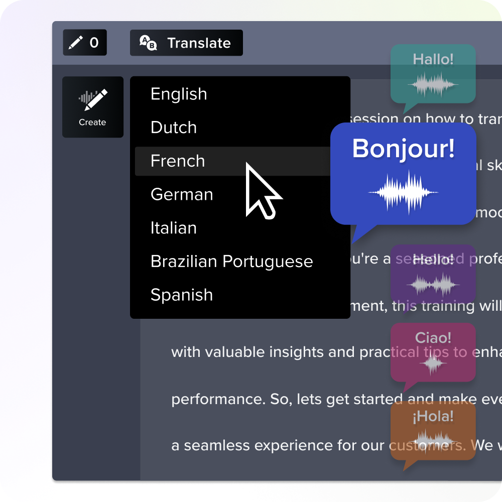 Un'immagine dell'interfaccia utente in audiate per tradurre uno script in altre lingue