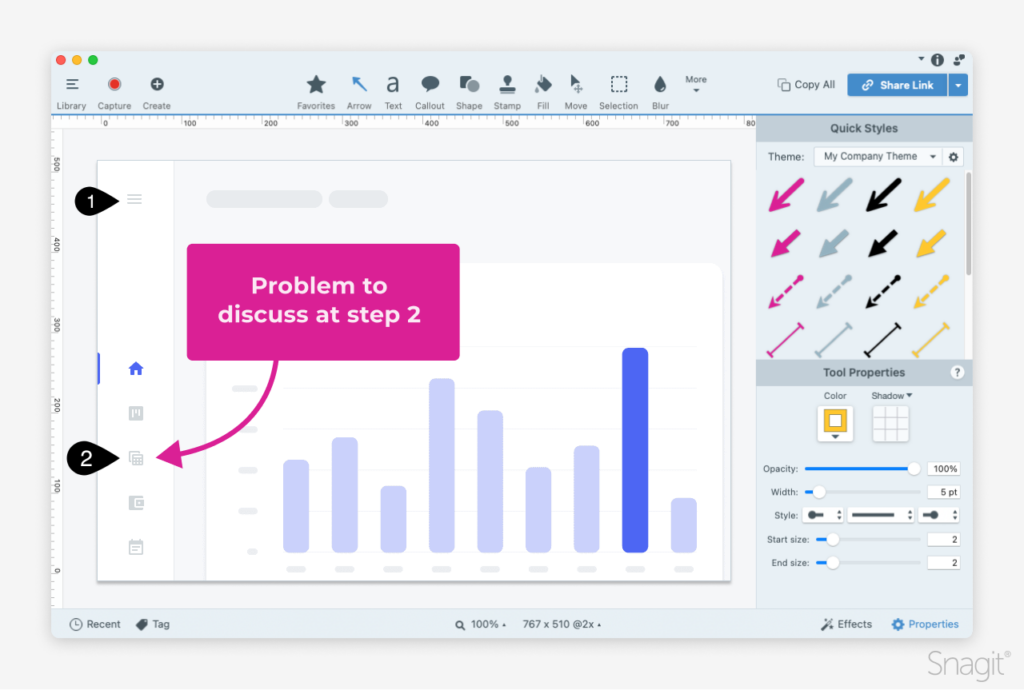 Üzerinde adım adım kılavuz bulunan Snagit arayüzünün görüntüsü.