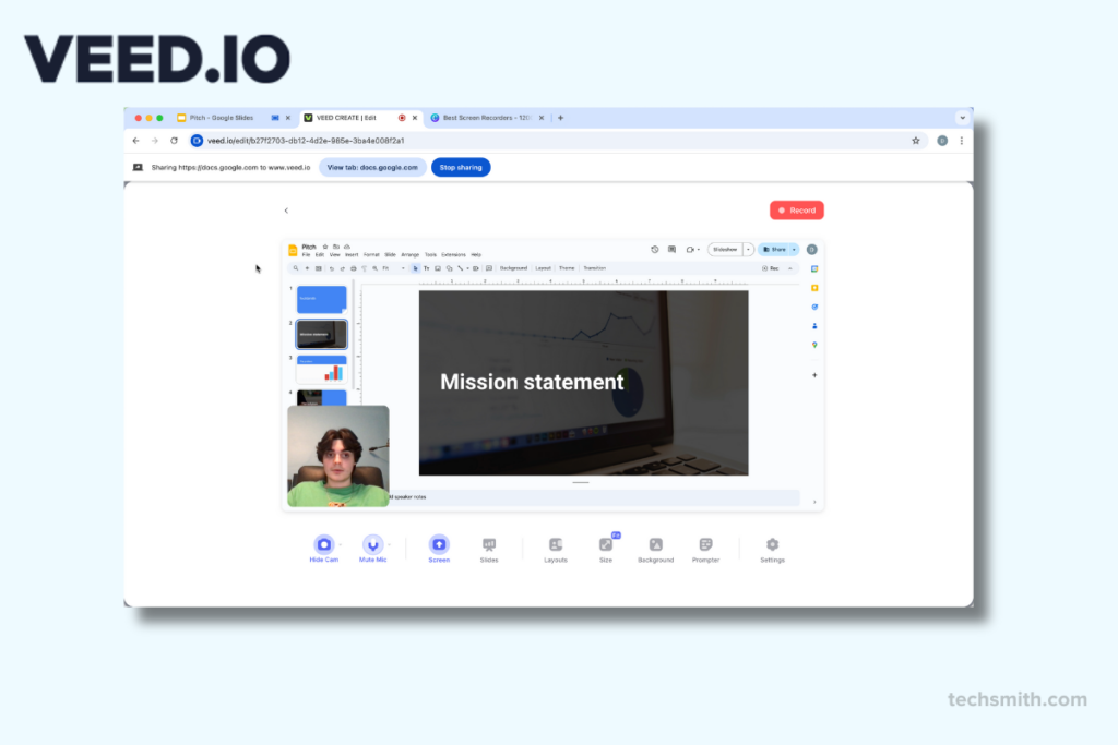 veed.io screen recorder التقاط عرض تقديمي لـ Google Slides مع تغذية كاميرا ويب مضمنة وخيارات تحرير الفيديو البديهية.