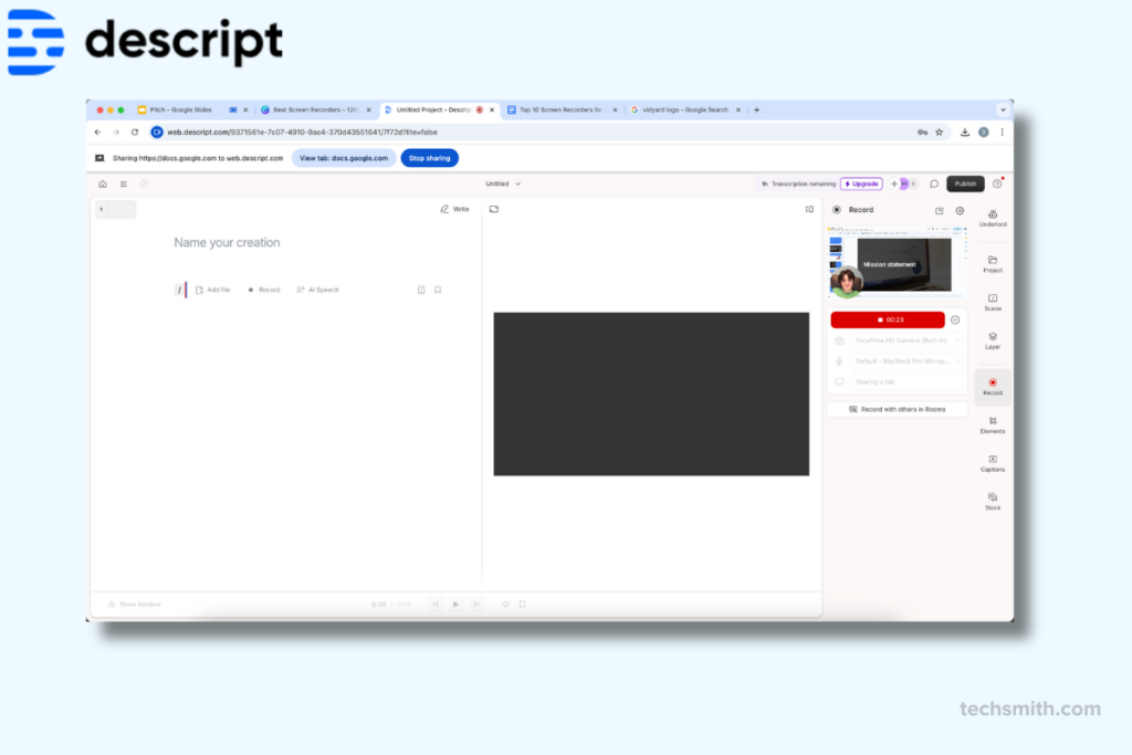 Enregistreur d'écran descriptions avec un projet vierge avec des options d'édition vidéo, de transcription et d'enregistrement d'écran, adapté à la post-production détaillée.